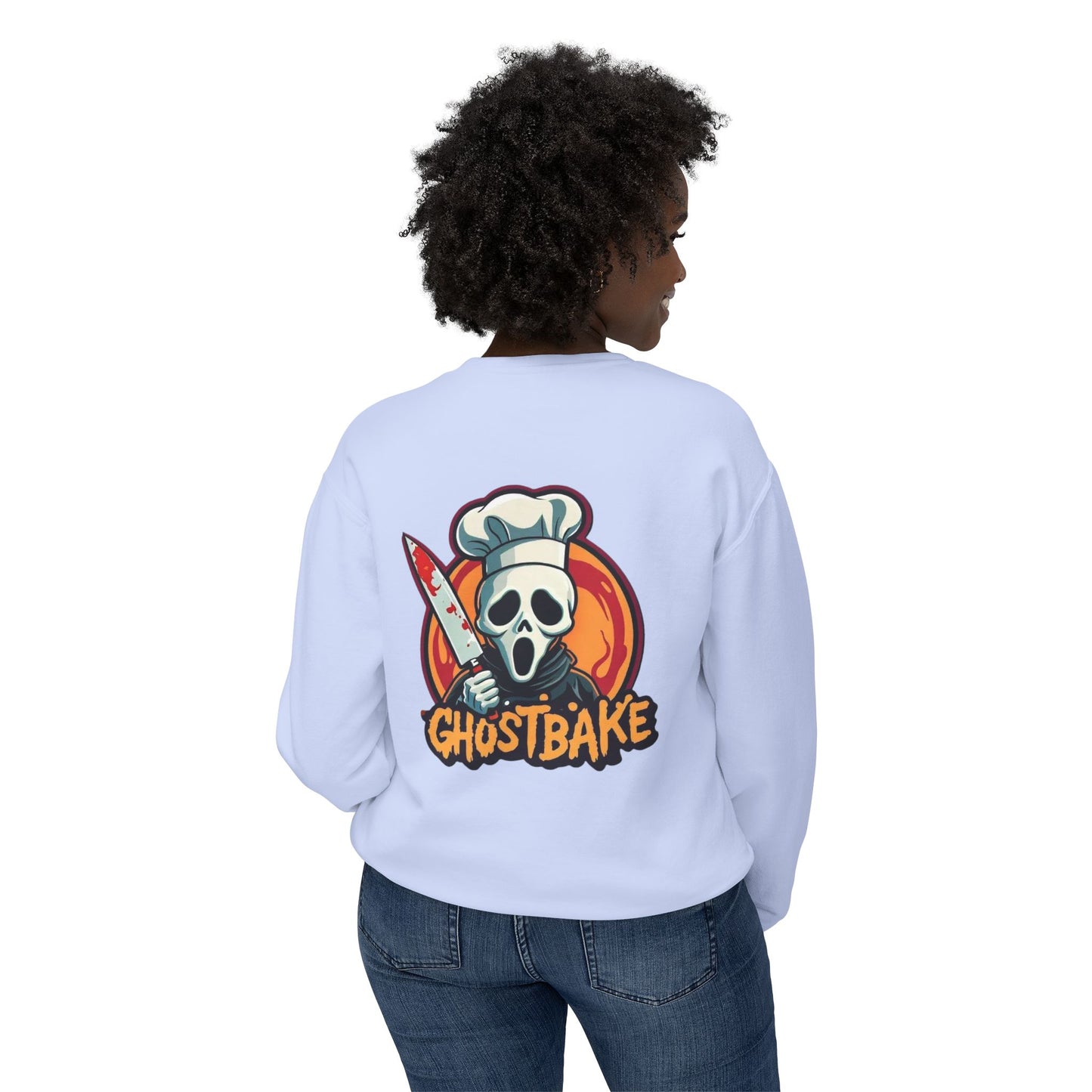 Sudadera unisex ligera con cuello redondo Ghostbake (delante y detrás)