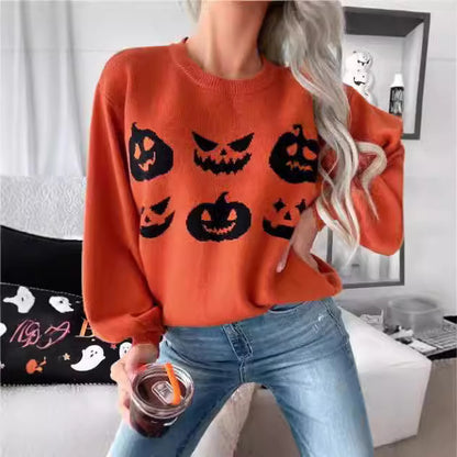 Suéter naranja con cara de calabaza para Halloween para mujer