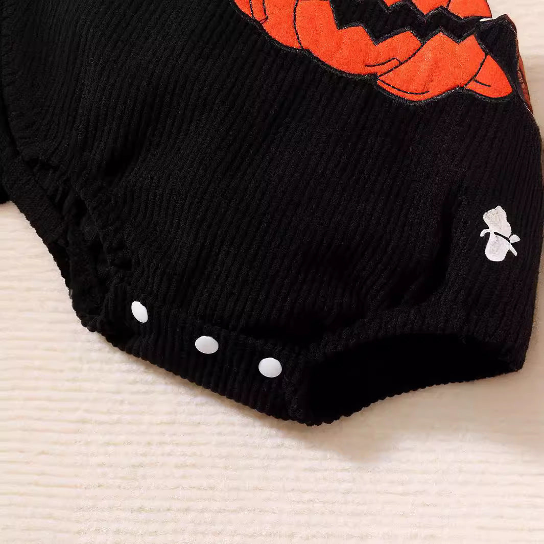 Mono infantil unisex de pana con bordado de toalla y tirantes de calabaza para Halloween