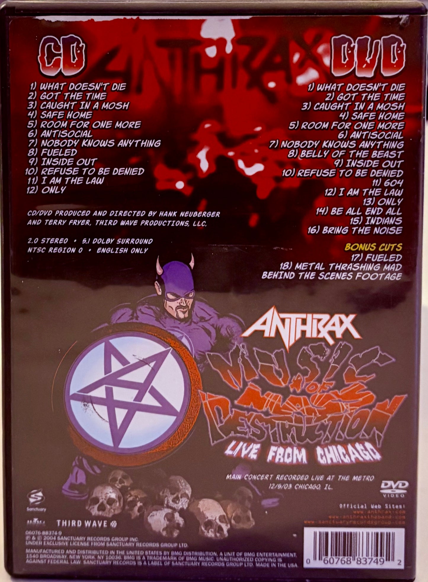 Anthrax - Música de destrucción masiva (DVD/CD, 2004) con inserto musical de metal, set de 2 discos