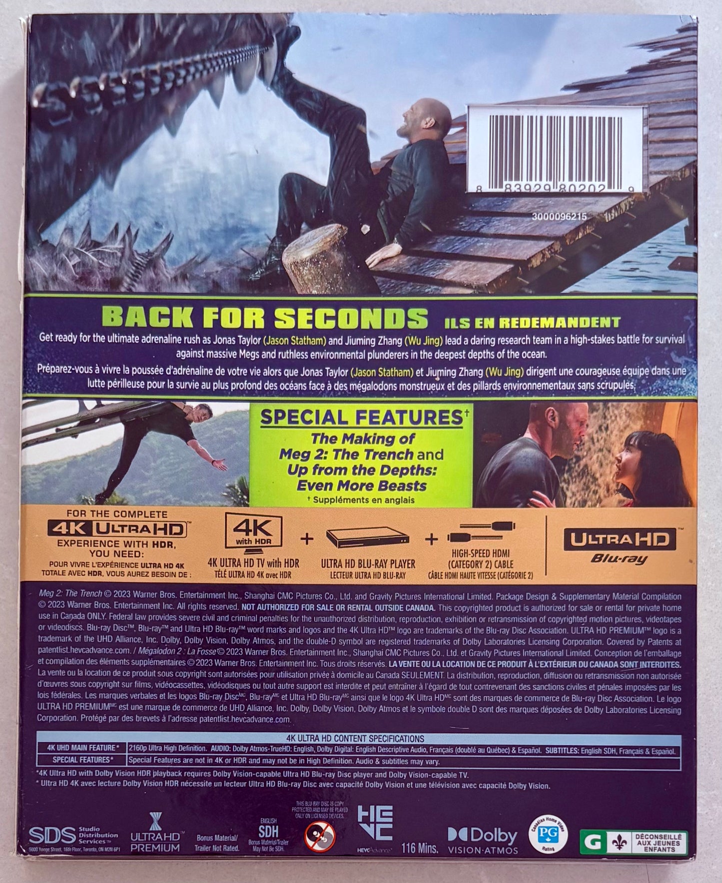 Meg 2 The Trench (4K-UHD, 2023) w/ Slipcover Sci-Fi/Horror Jason Statham WB En/Fr/Sp