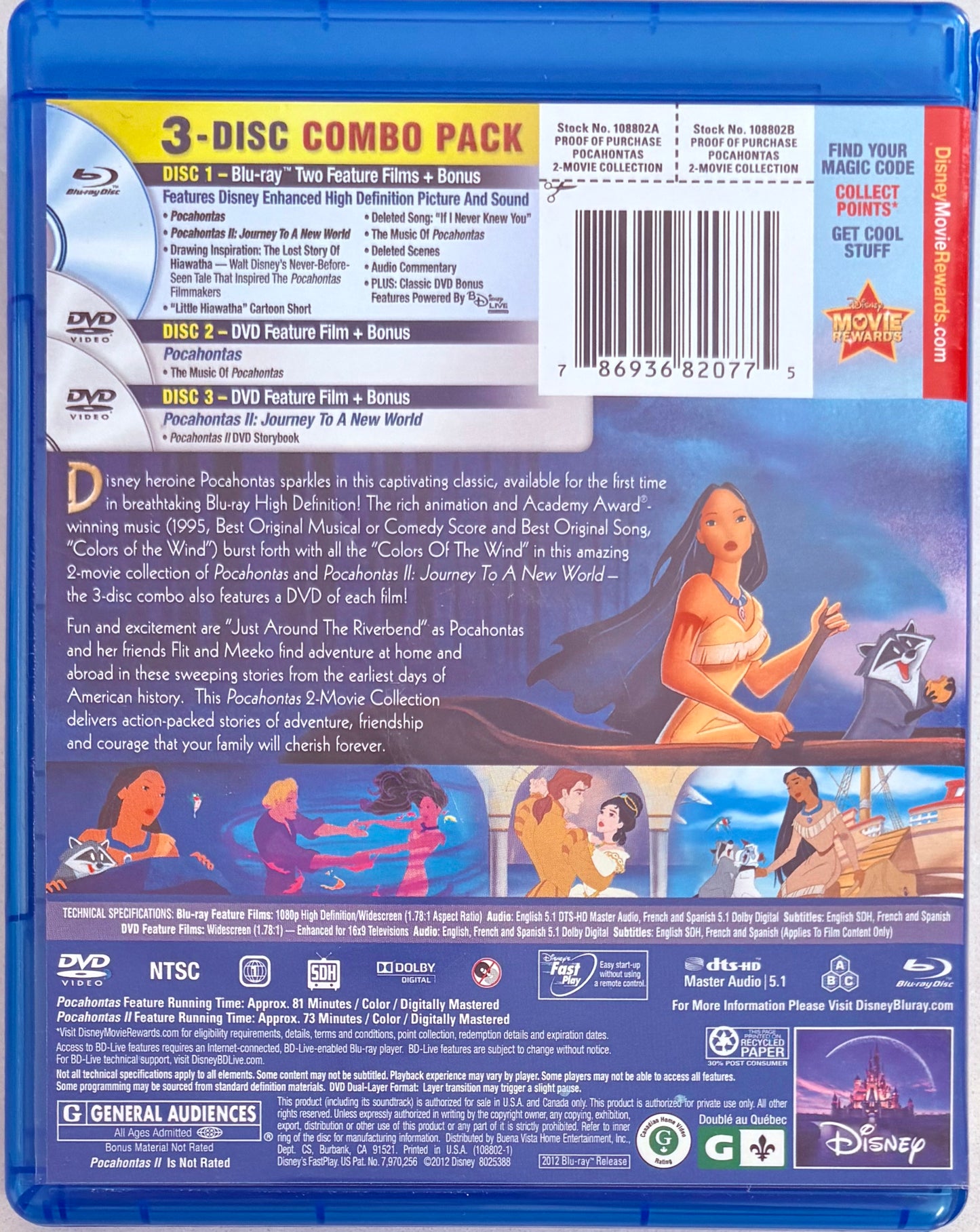 Pocahontas y Pocahontas 2 (Blu-ray, animación Disney En/Fr/Sp 2 discos (región ABC)