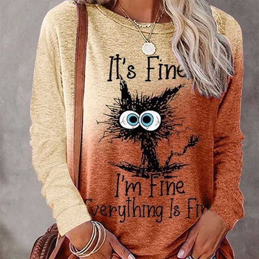 Halloween Gradient Printing Long-sleeved T-shirt Round Neck Women