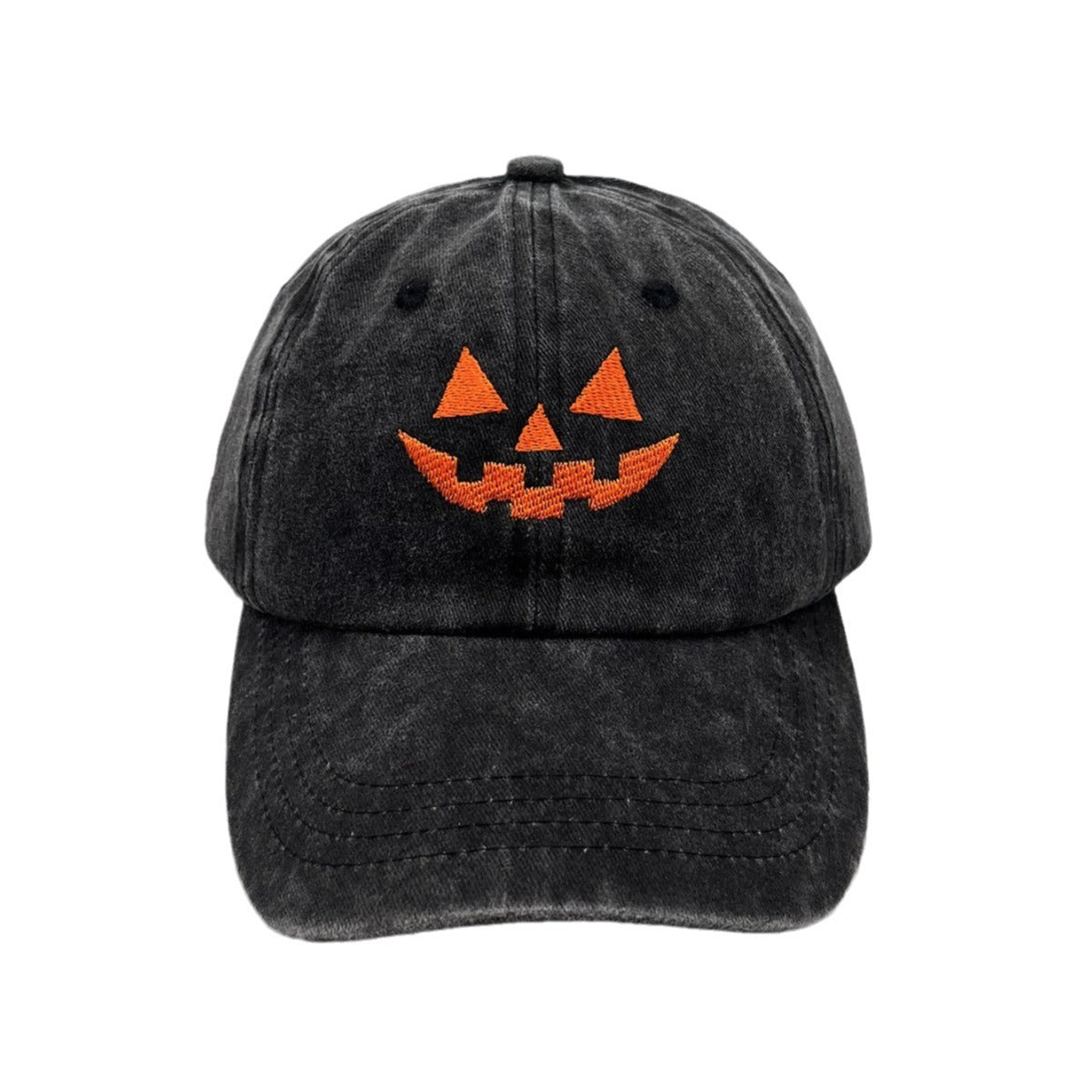 Gorra de béisbol informal de algodón lavado con bordado de calabaza sonriente para Halloween para hombres y mujeres