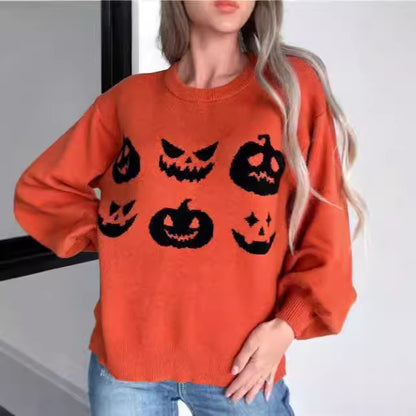 Suéter naranja con cara de calabaza para Halloween para mujer