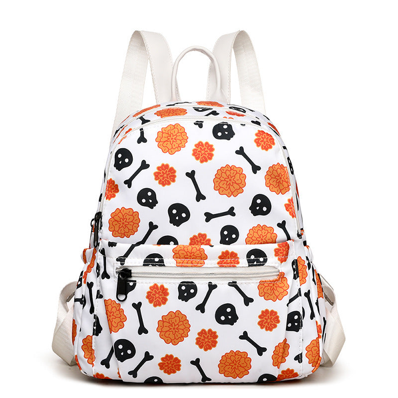 Mochila con estampado de calavera de Halloween para mujer, impermeable, de gran capacidad, con cremallera, con múltiples bolsillos, para compras y viajes