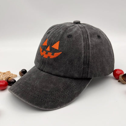 Gorra de béisbol informal de algodón lavado con bordado de calabaza sonriente para Halloween para hombres y mujeres