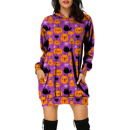 Vestido tipo suéter con capucha y temática de Halloween para mujer