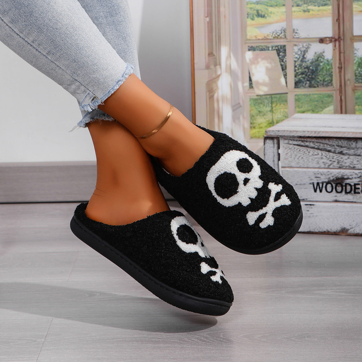 Pantuflas de algodón con calaveras para Halloween, cómodas y para estar en casa