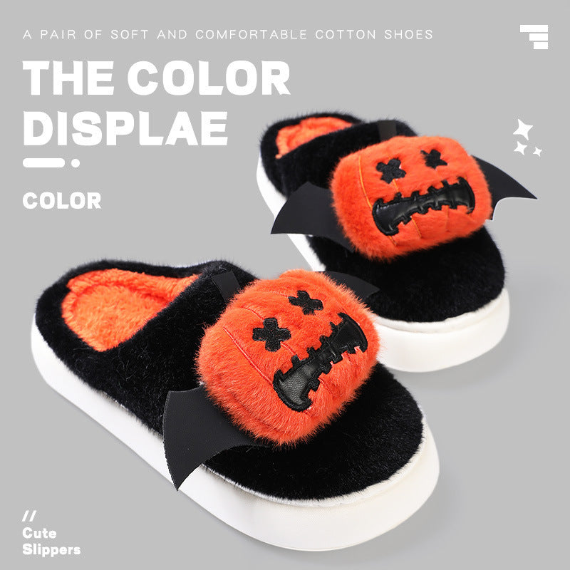 Pantuflas de calabaza divertidas de dibujos animados de Halloween con diseño de alas pequeñas, pantuflas de algodón antideslizantes para el suelo del dormitorio, pantuflas de casa de invierno para parejas