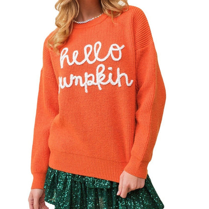 Women's Halloween Contrast Color Embroidery Crew Neck Pullover Sweater