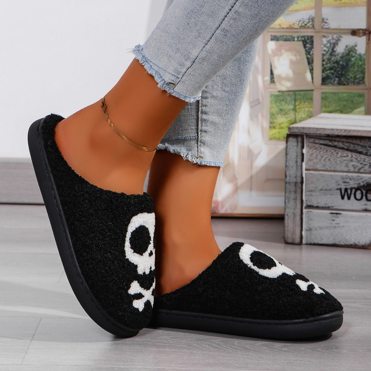 Pantuflas de algodón con calaveras para Halloween, cómodas y para estar en casa