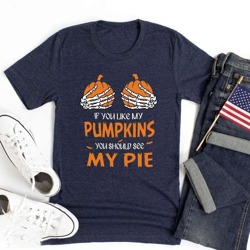 Autumn And Winter New Fashion Women's Clothing Halloween Pumpkin Skull Print T-shirt Navy Blue