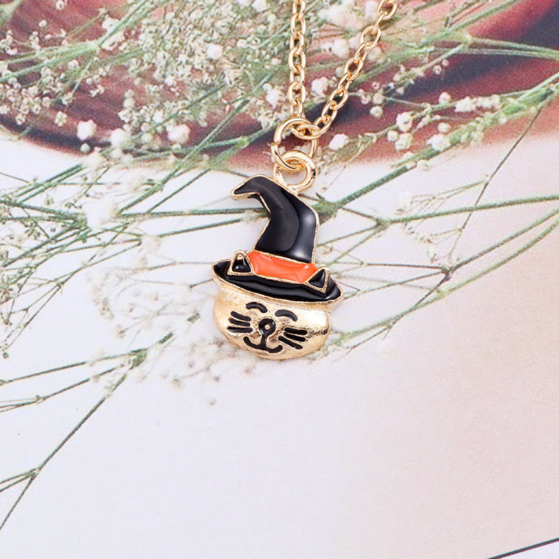 Halloween Oil Drop Pumpkin Cat Necklace Creative Clavicle Chain Pendant Fashion Jewelry Accessories