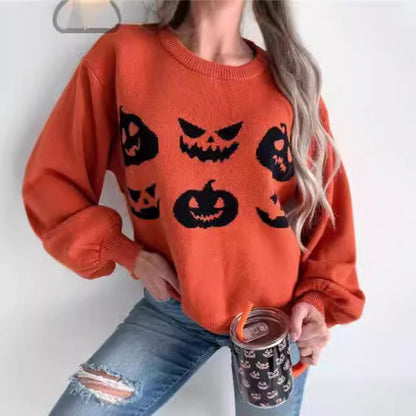 Suéter naranja con cara de calabaza para Halloween para mujer