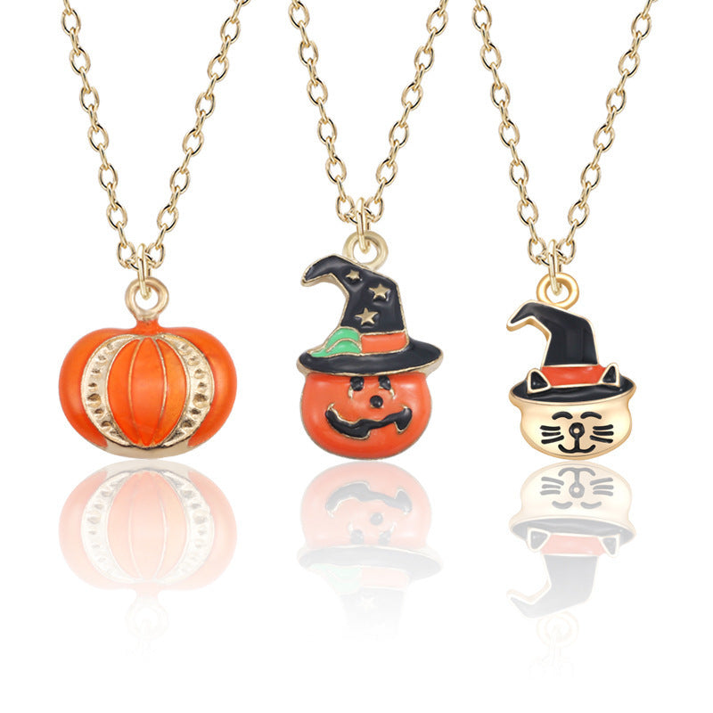 Collar con colgante de gato y calabaza con gota de aceite para Halloween, cadena creativa para clavícula, accesorios de joyería de moda