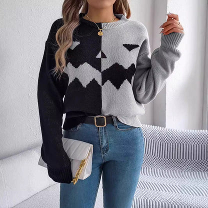 Halloween Contrast-color Pullover Sweater Fashion Long Sleeve Knitted Tops For Womens Clothing