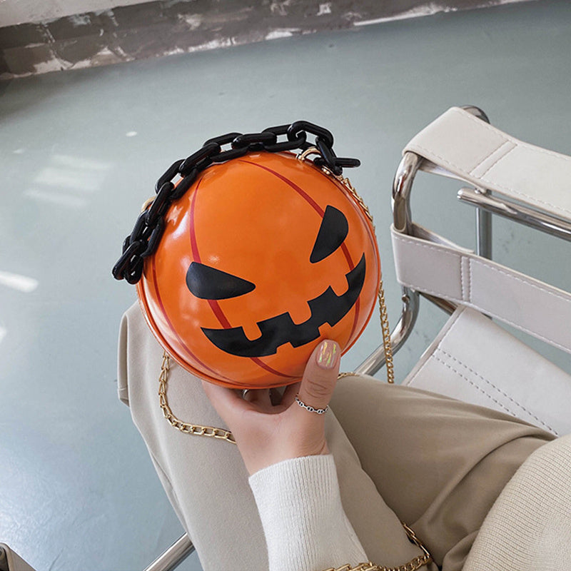 Halloween Cartoon Pumpkin Ball Handbags With Chain Personality Creative Funny Shoulder Bags For Kids Women Orange