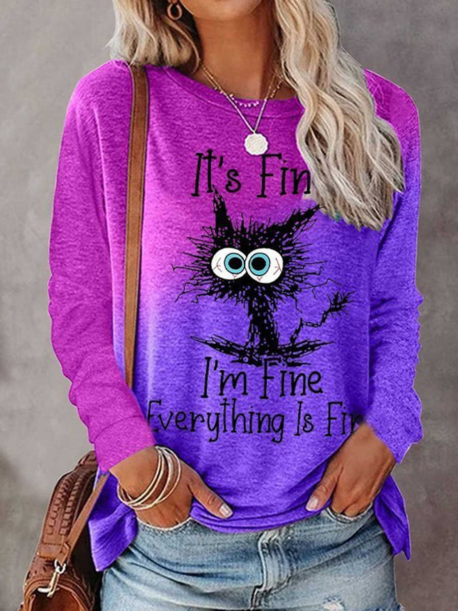 Halloween Gradient Printing Long-sleeved T-shirt Round Neck Women