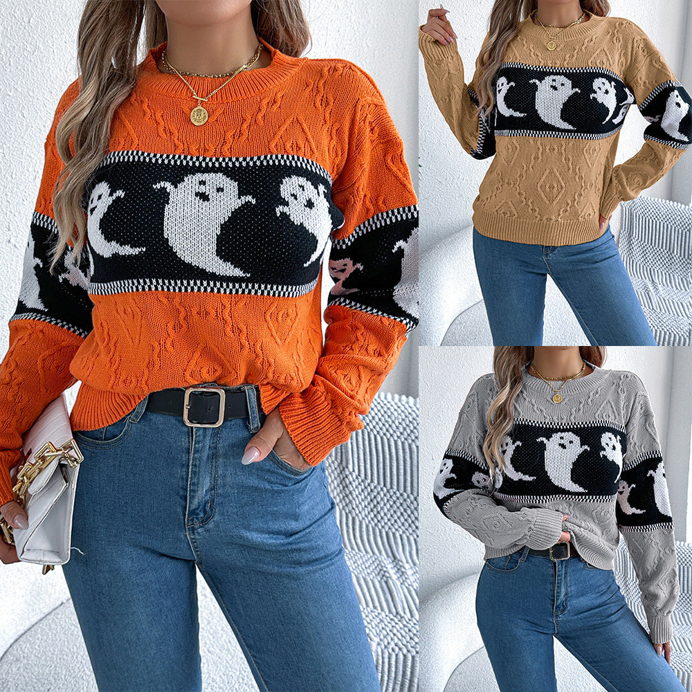 Halloween Ghost Contrast Color Knitted Long-sleeved Pullover