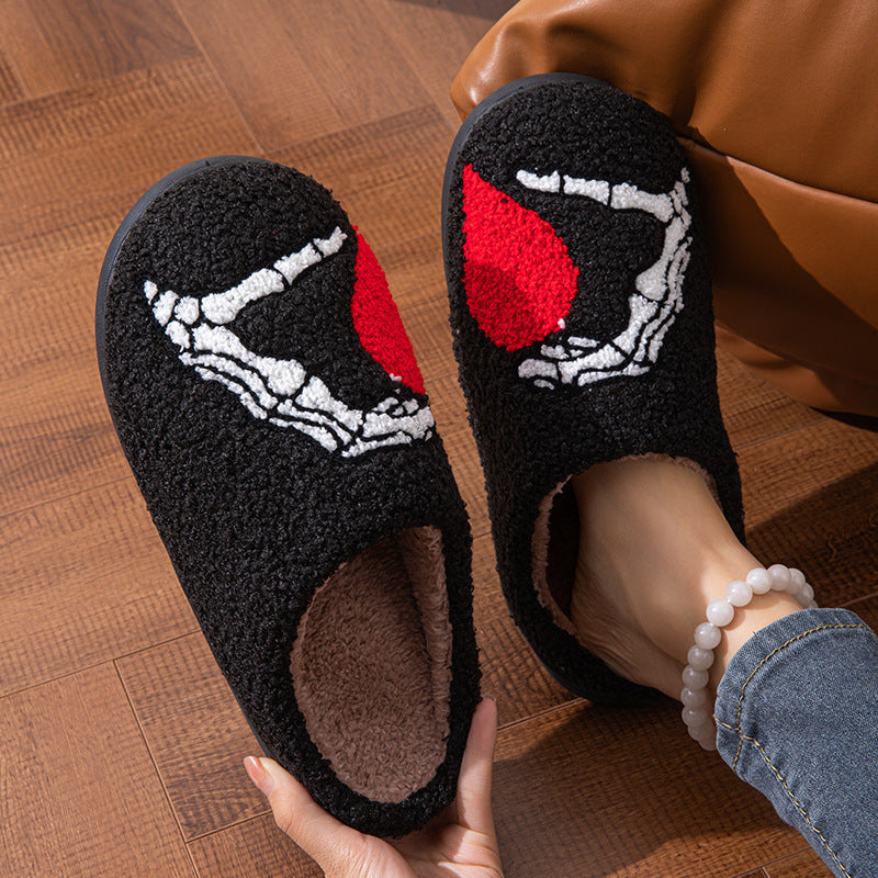 Funny Halloween Love Skull-hand Slippers Home Non-slip Soft Bottom Cotton Floor Bedroom Slippers Winter Warm House Shoes For Women Men