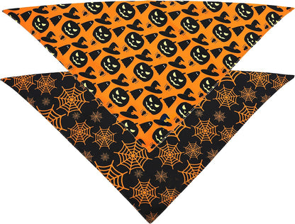 Halloween Dog Bandanas Pumpkin And Spider Web Bibs Triangle Reversible Fall Pet Scarf Premium Durable Fabric Adjustable Fit