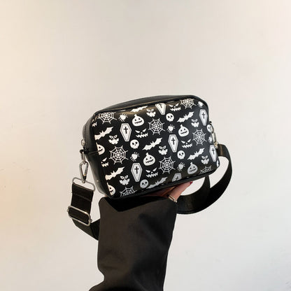 Bolso pequeño cuadrado con estampado de Halloween, divertido bolso de hombro con diseño de calavera, calabaza, murciélago, telaraña, bolso cruzado moderno y con personalidad