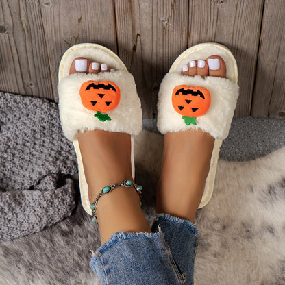 Halloween Cute Pumpkin Plush Slippers Home Indoor Open Toe Shoes Winter Warm Bedroom Slippers For Women