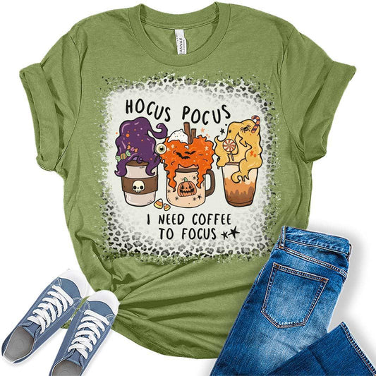 Camisetas gráficas de Halloween para mujer con la frase "Necesito café para concentrarme"