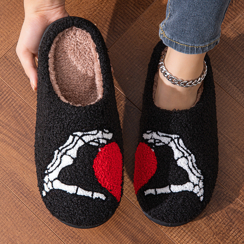 Funny Halloween Love Skull-hand Slippers Home Non-slip Soft Bottom Cotton Floor Bedroom Slippers Winter Warm House Shoes For Women Men Black