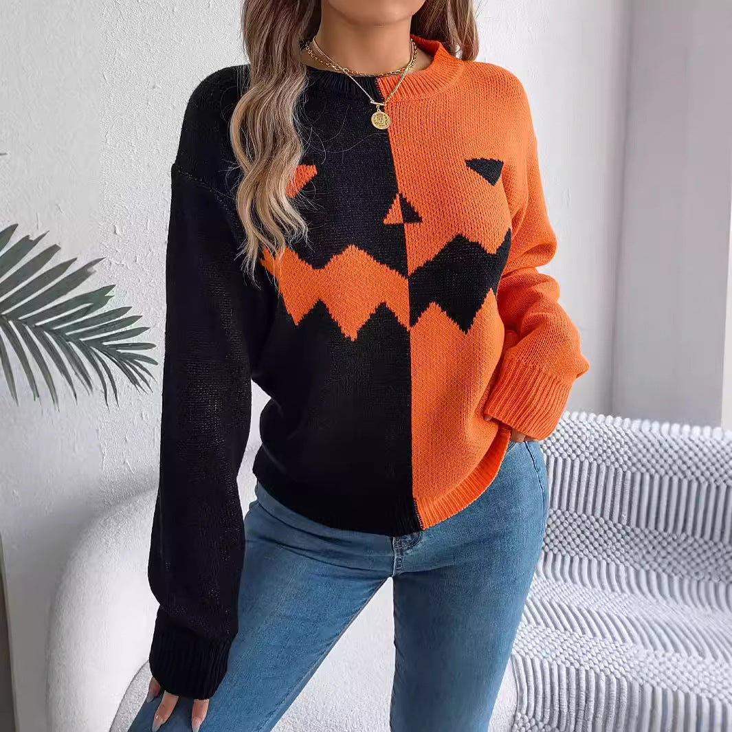 Suéter de punto de manga larga con contraste de colores para Halloween, ropa de mujer a la moda