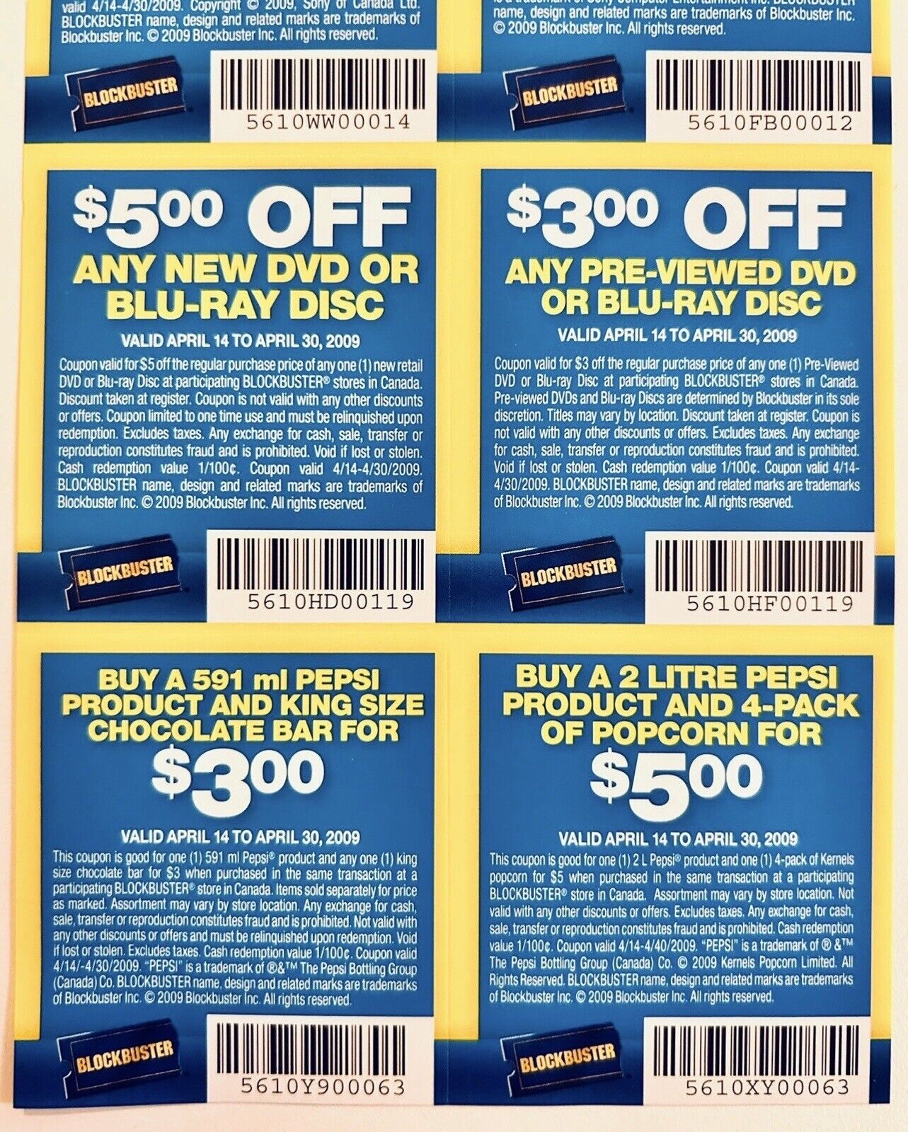 One Sheet of Original Blockbuster Canada Coupons En/Fr Valid Until April 30-2009