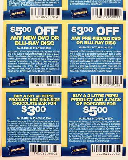 One Sheet of Original Blockbuster Canada Coupons En/Fr Valid Until April 30-2009