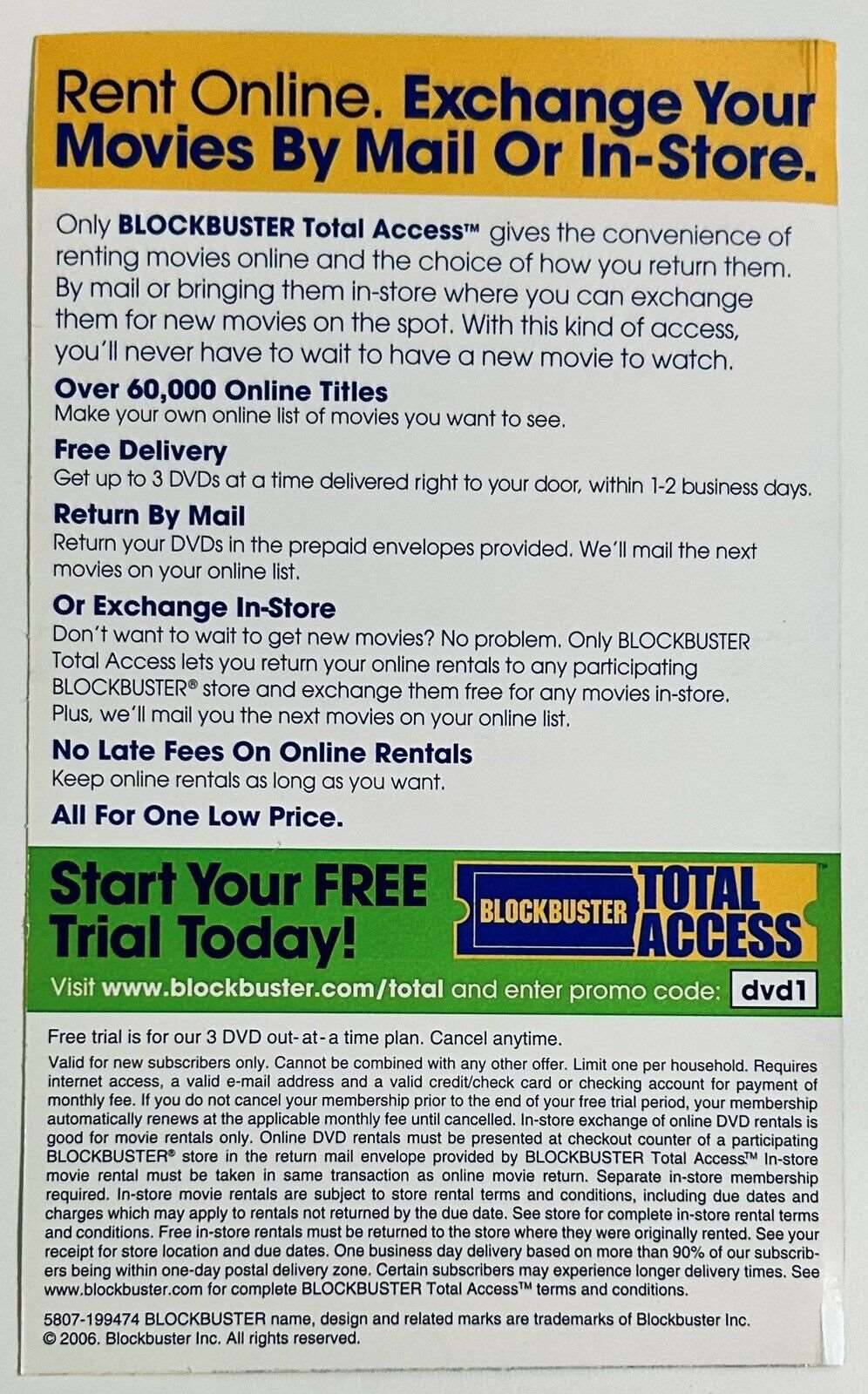 Blockbuster Video Total Access Coupon / Flyer 2006 Free Trial (Expired)