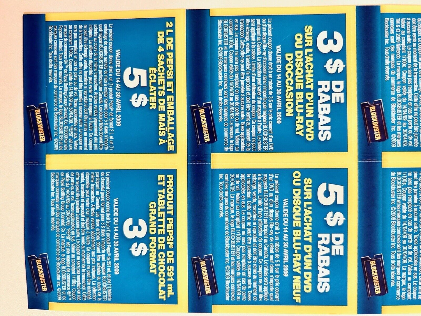 One Sheet of Original Blockbuster Canada Coupons En/Fr Valid Until April 30-2009