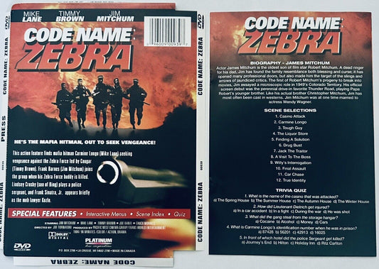 Code Name Zebra DVD * FRONT/BACK ARTWORK ONLY - NO DISC*