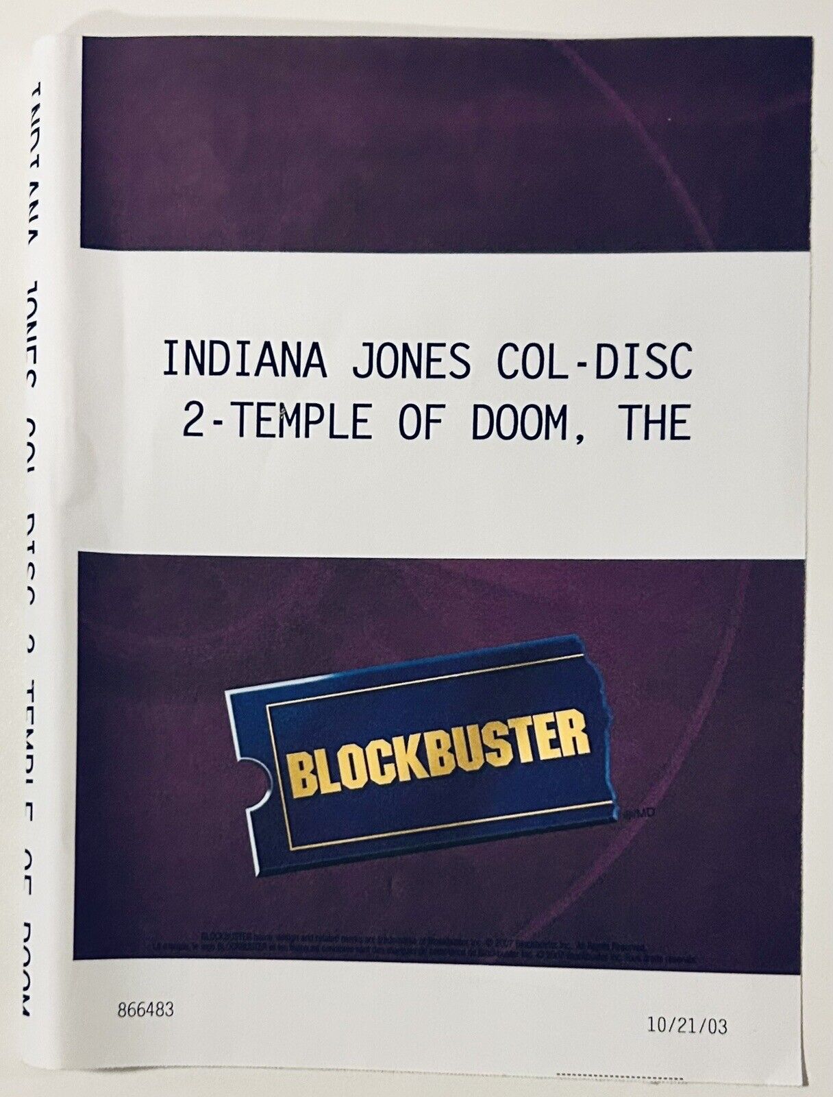 Indiana Jones And The Temple Of Doom 2003 *Blockbuster DVD ARTWORK ONLY, NO DISC