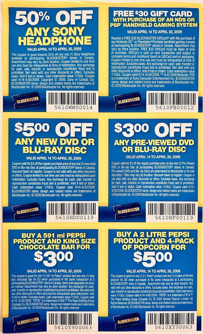 One Sheet of Original Blockbuster Canada Coupons En/Fr Valid Until April 30-2009