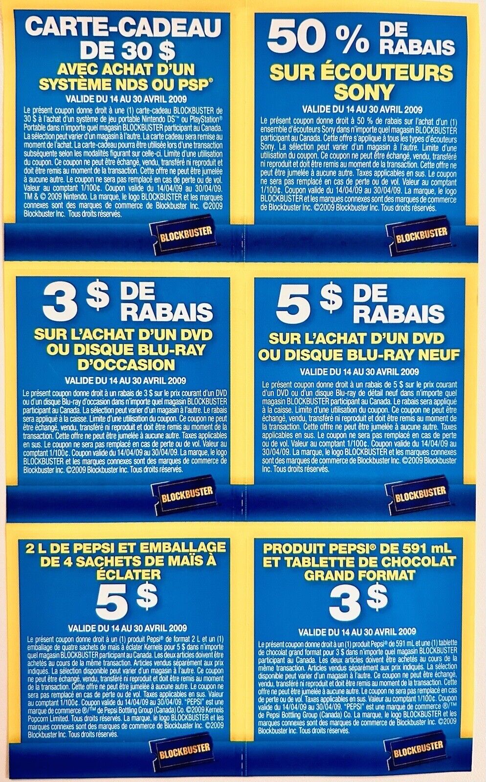 One Sheet of Original Blockbuster Canada Coupons En/Fr Valid Until April 30-2009