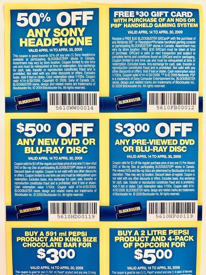 One Sheet of Original Blockbuster Canada Coupons En/Fr Valid Until April 30-2009