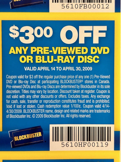 One Sheet of Original Blockbuster Canada Coupons En/Fr Valid Until April 30-2009