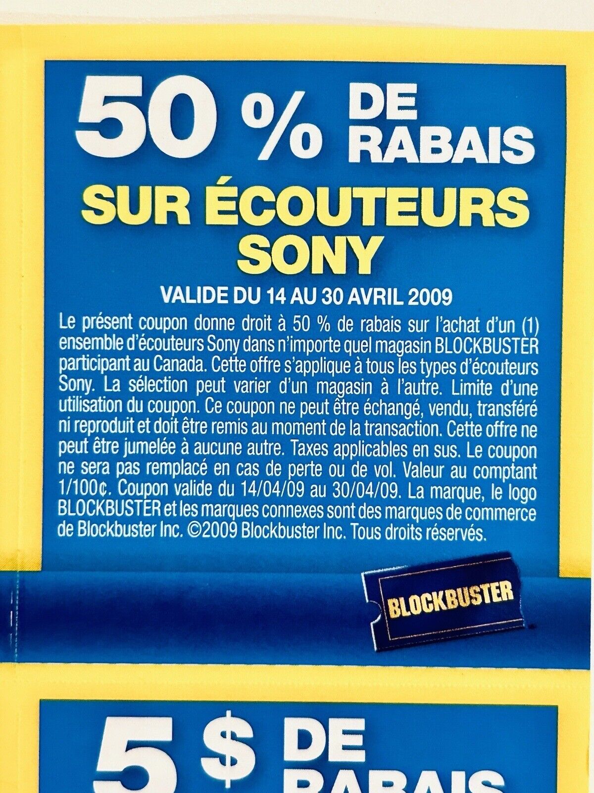 One Sheet of Original Blockbuster Canada Coupons En/Fr Valid Until April 30-2009