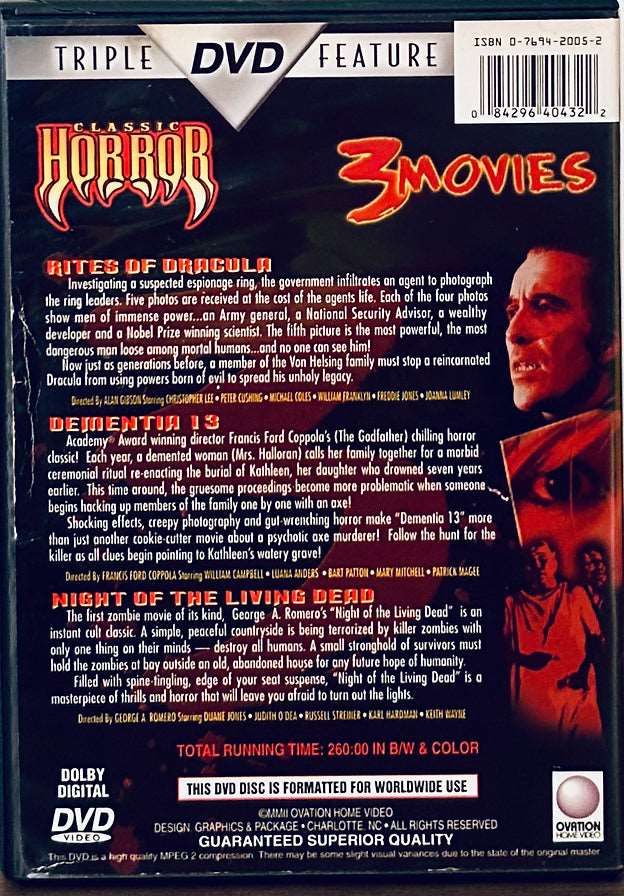 Classic Horror 3 Movies - Rites of Dracula / Dementia 13 / Night of… DVD *MA1